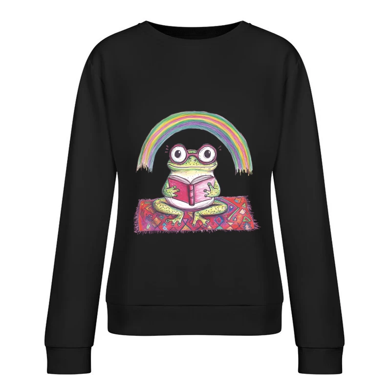 Whimsical Frog Reading Under a Rainbow Female Pullover Sweatshirt