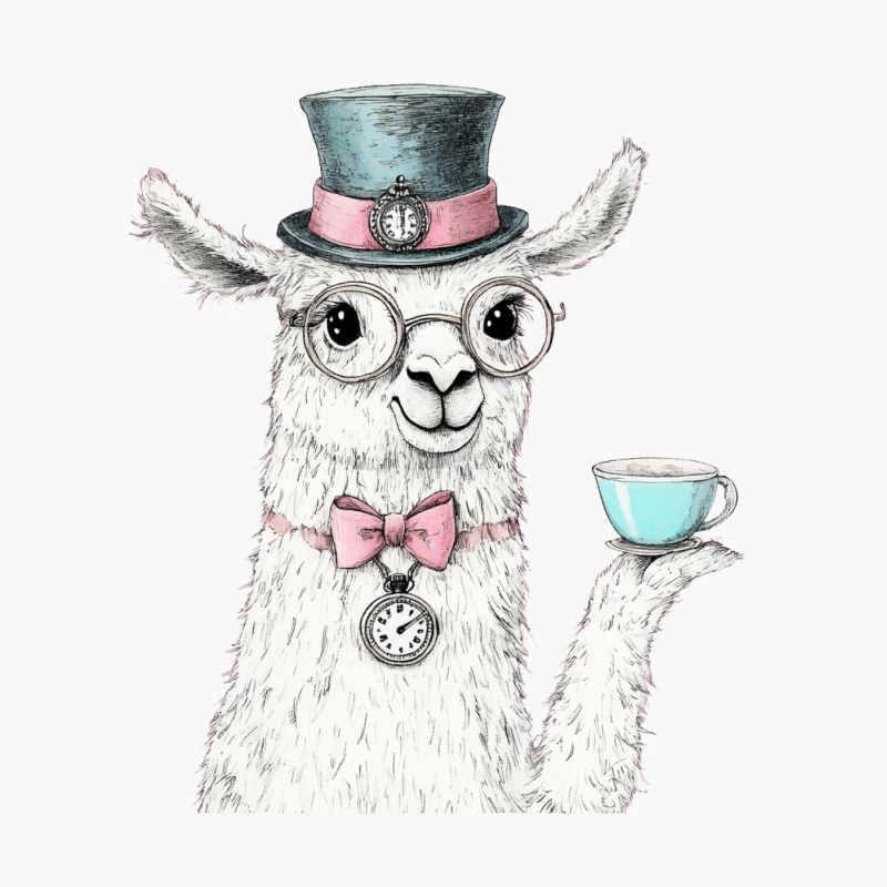 Whimsical Illustrated Llama in Top Hat and Glasses Holding Teacup Cotton Tote Bag