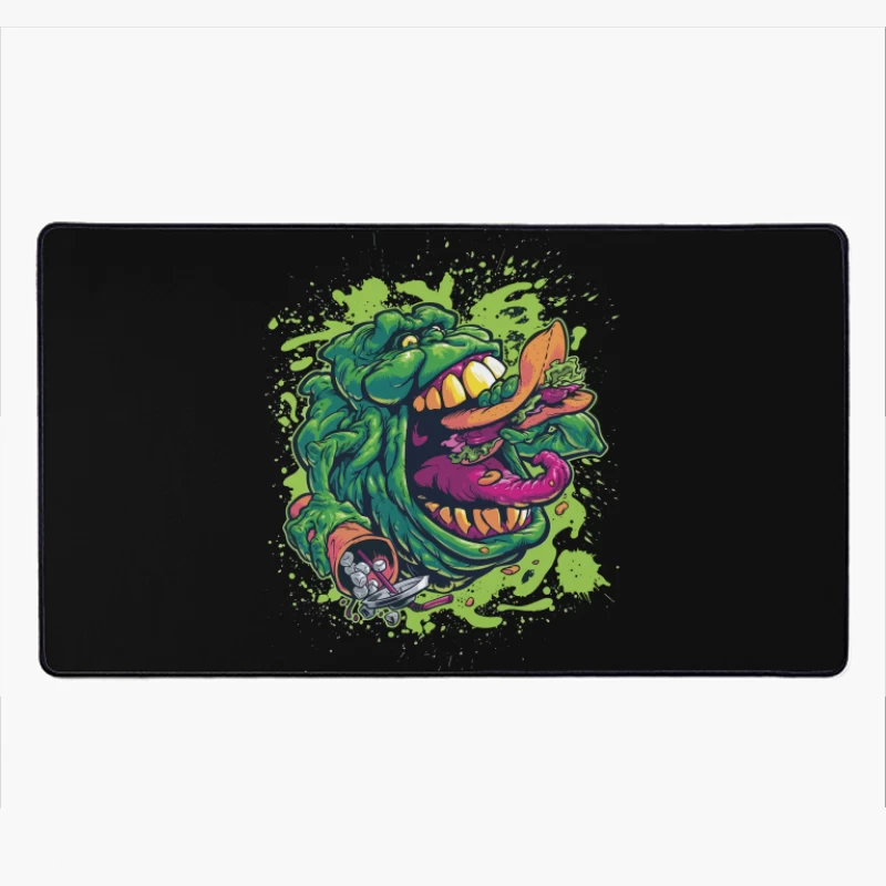 Colorful Monster Eating Food Illustration Desk Mat