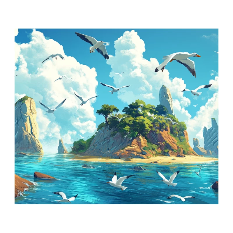 Tropical Island Paradise with Soaring Seagulls Tapestry