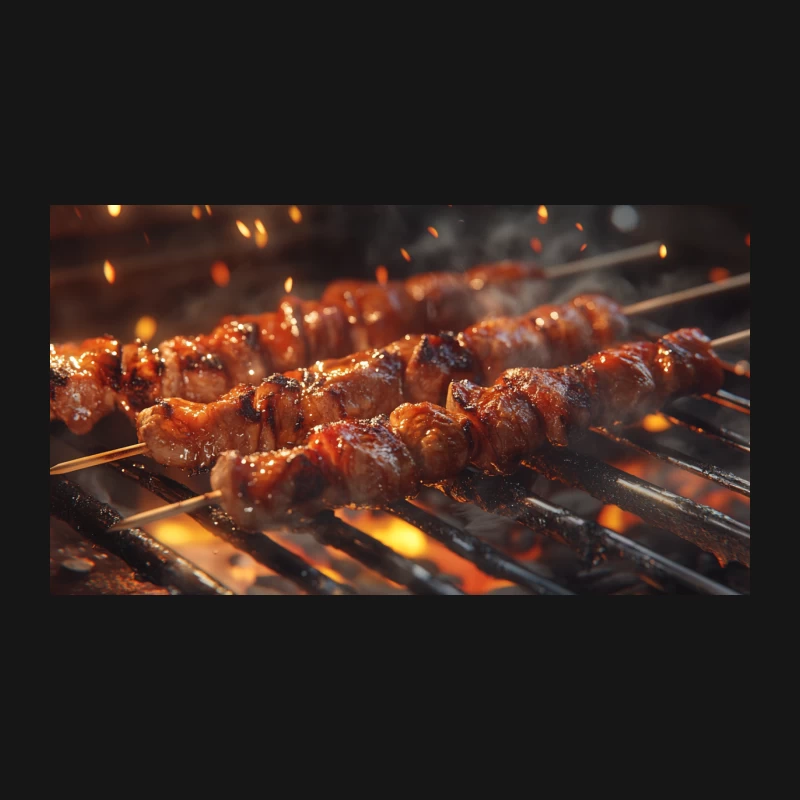 Sizzling Yakitori Skewers on Flaming Grill Desk Mat