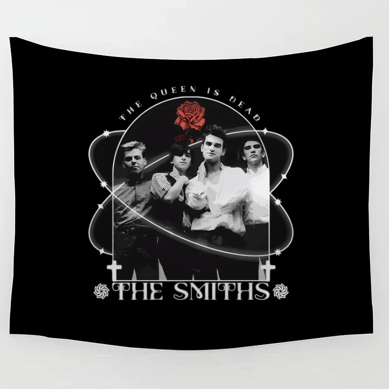 The Smiths - Vintage Black and White Band Portrait with Red Rose Tapestry