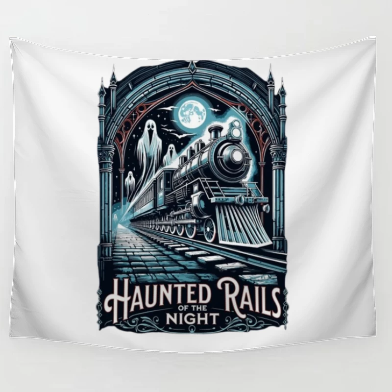 Gothic Haunted Steam Train Under Moonlit Archway Tapestry