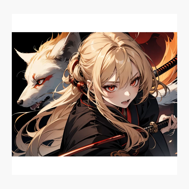 Blonde Anime Warrior with Wolf and Sword in Fantasy Setting Throw Pillow