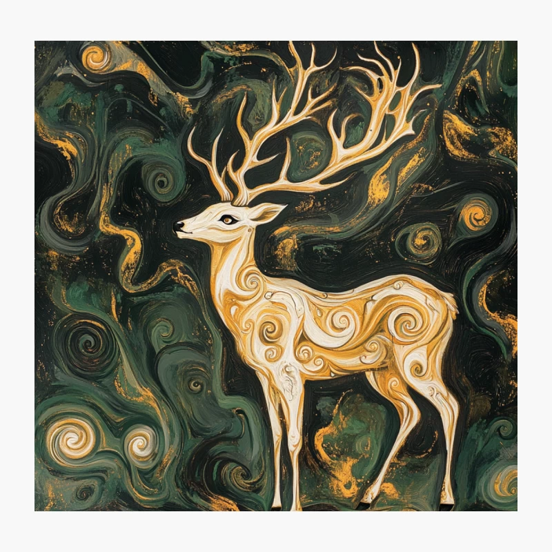 Mystical Golden Deer in Swirling Fantasy Realm Throw Pillow