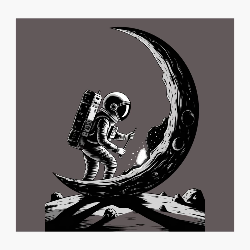 Astronaut on Crescent Moon Black and White Space Illustration Throw Pillow