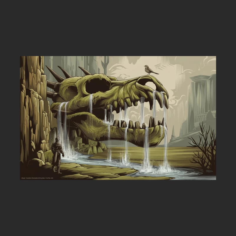 Surreal Dinosaur Skull Waterfall in Fantasy Ruins Baseball Cap