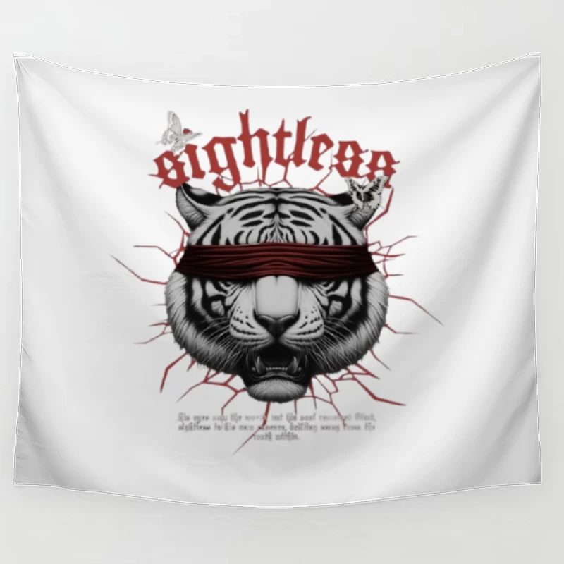 Blindfolded Tiger with Gothic Typography Tapestry