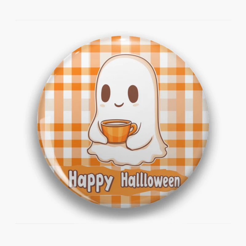 Cute Halloween Ghost with Coffee on Orange Gingham Background Pin