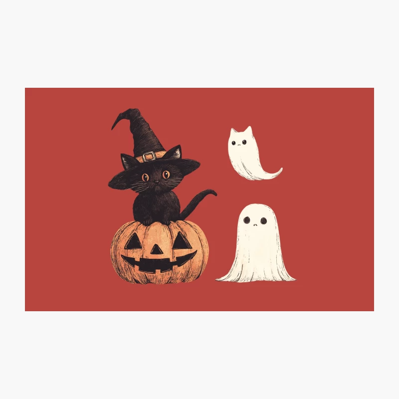 Cute Halloween Cartoon with Black Cat, Pumpkin, and Ghosts Travel Mug