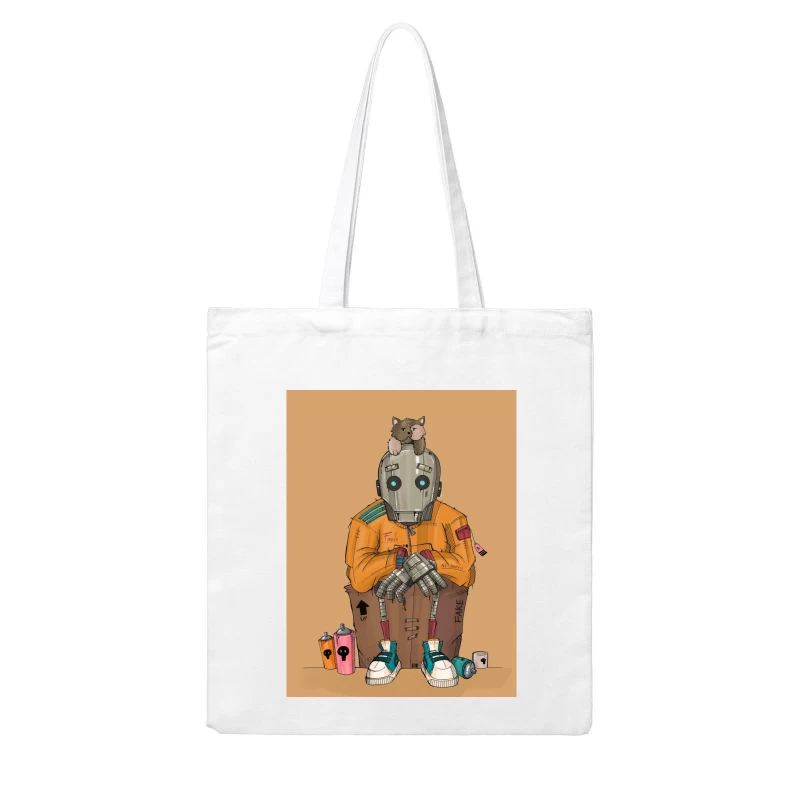 Urban Robot with Cat in Street Art Style Cotton Tote Bag