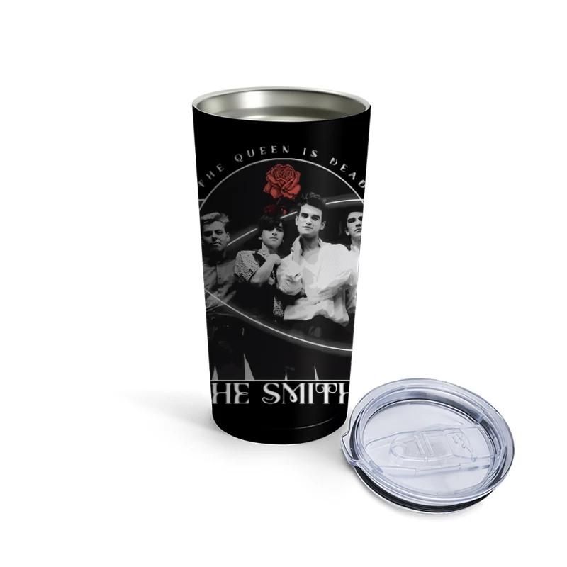 The Smiths - Vintage Black and White Band Portrait with Red Rose Travel Mug