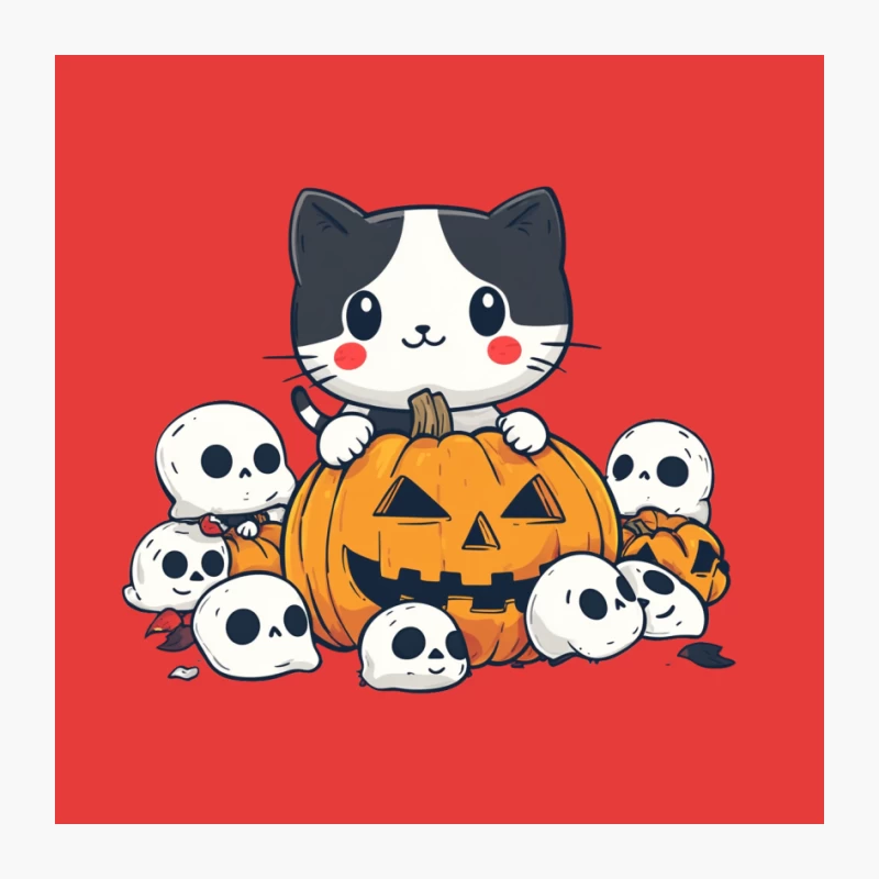 Cute Cartoon Cat with Halloween Pumpkin and Skulls Pin