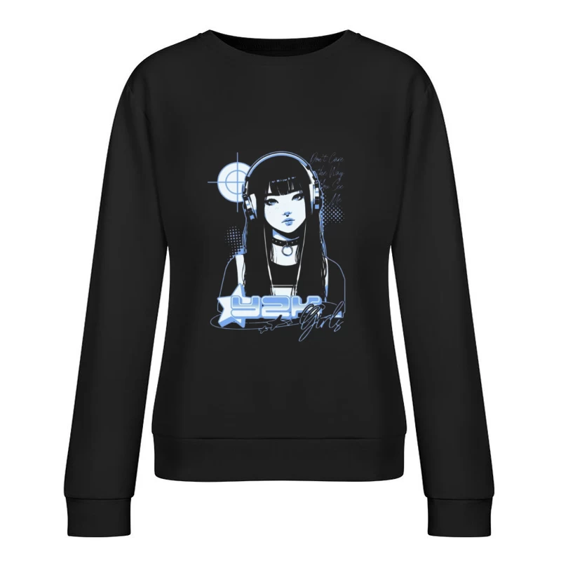 Blue Monochrome Gothic Anime Girl with Headphones Female Pullover Sweatshirt