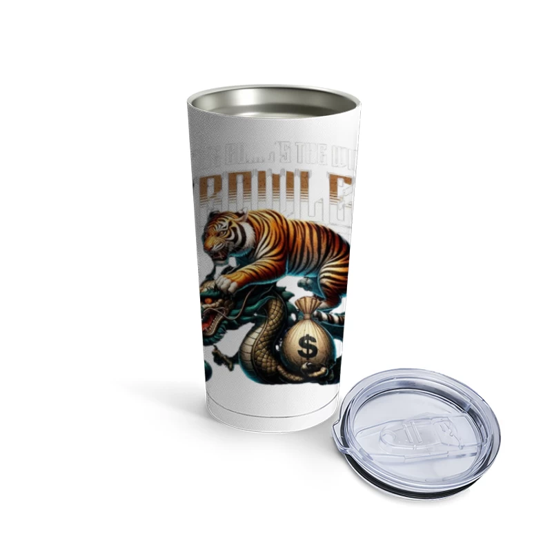 Tiger and Dragon Fighting Over Money: Symbolic Power Artwork Travel Mug