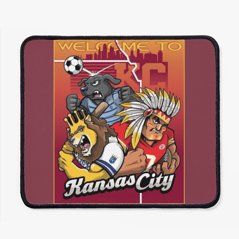 Kansas City Sports Mascots with City Skyline Illustration Mouse Pad