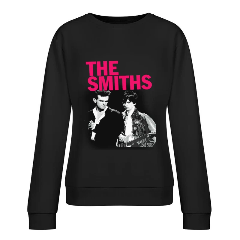 The Smiths: Iconic 1980s Indie Rock Band Portrait with Pink Logo Female Pullover Sweatshirt