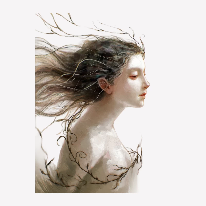 Ethereal Portrait: Wind-Swept Fantasy with Nature-Inspired Elements Female T-Shirt