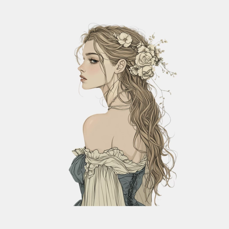 Romantic Vintage-Style Illustration of Woman with Floral Hair Adornment Male Tank Top