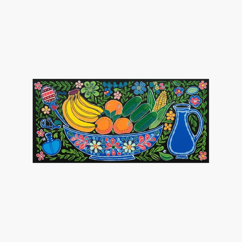 Vibrant Folk Art Still Life: Colorful Fruit Bowl with Floral Accents Cotton Tote Bag