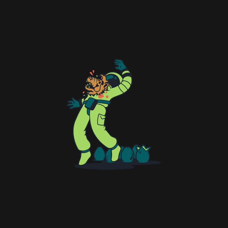 Cartoon Tiger Mascot in Green Space Suit with Mysterious Eggs Desk Mat