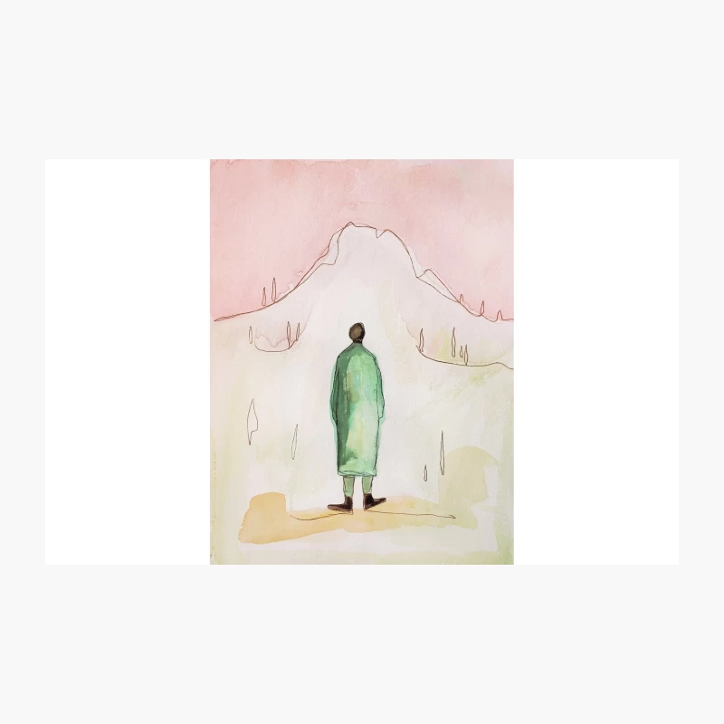 Solitary Figure in Green Coat Facing Mountain Landscape Travel Mug