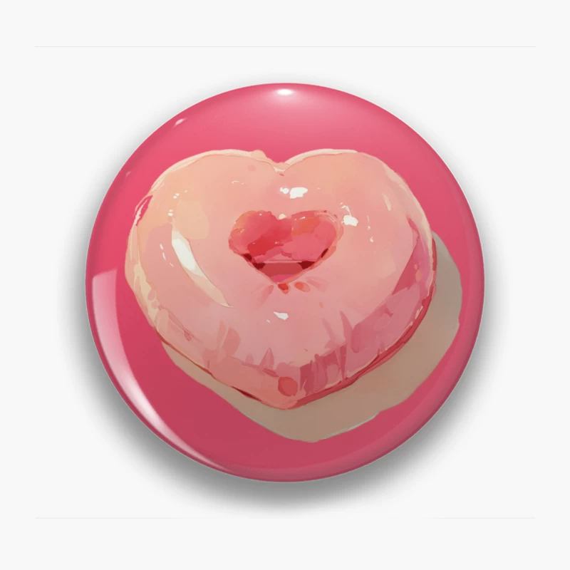 Pink Heart-Shaped Glazed Donut Digital Illustration Pin