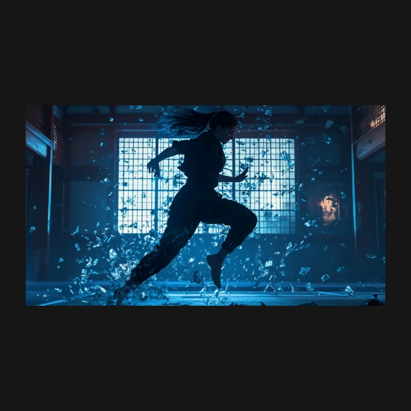 Dynamic Silhouette Running Through Shattered Glass in Cinematic Blue Light Desk Mat
