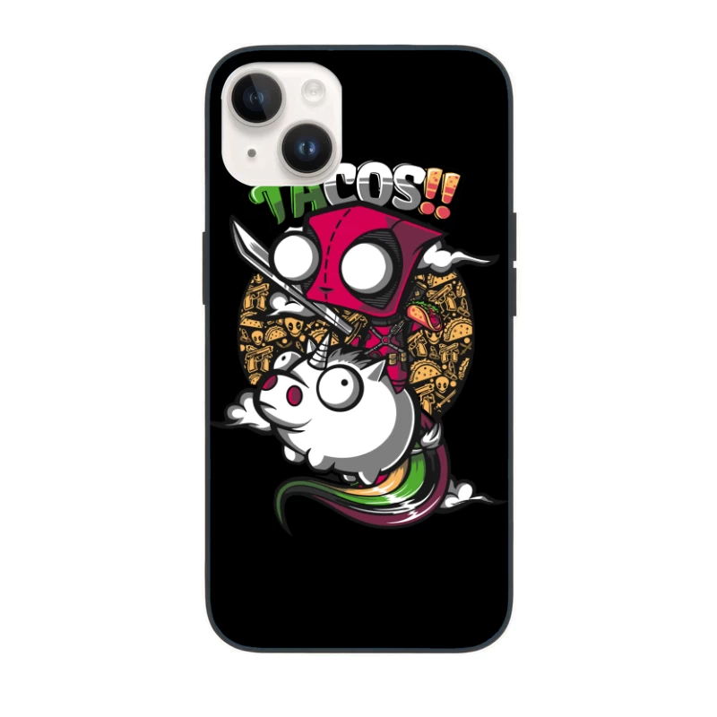 Colorful Cartoon of Tacos with a Unicorn and Knife-wielding Character iPhone Case