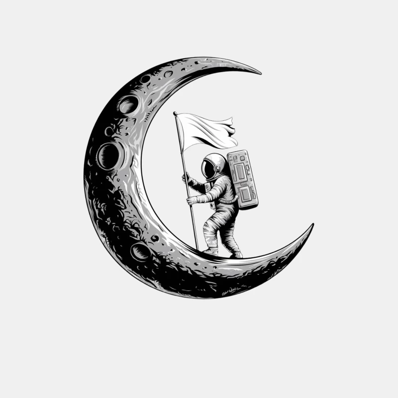 Artistic Black and White Illustration of Astronaut Planting Flag on Crescent Moon Male Tank Top