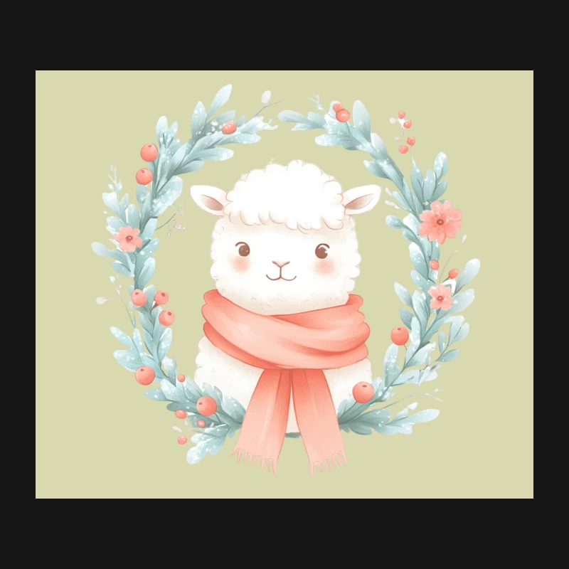 Cute Watercolor Llama with Coral Scarf in Floral Wreath Mouse Pad