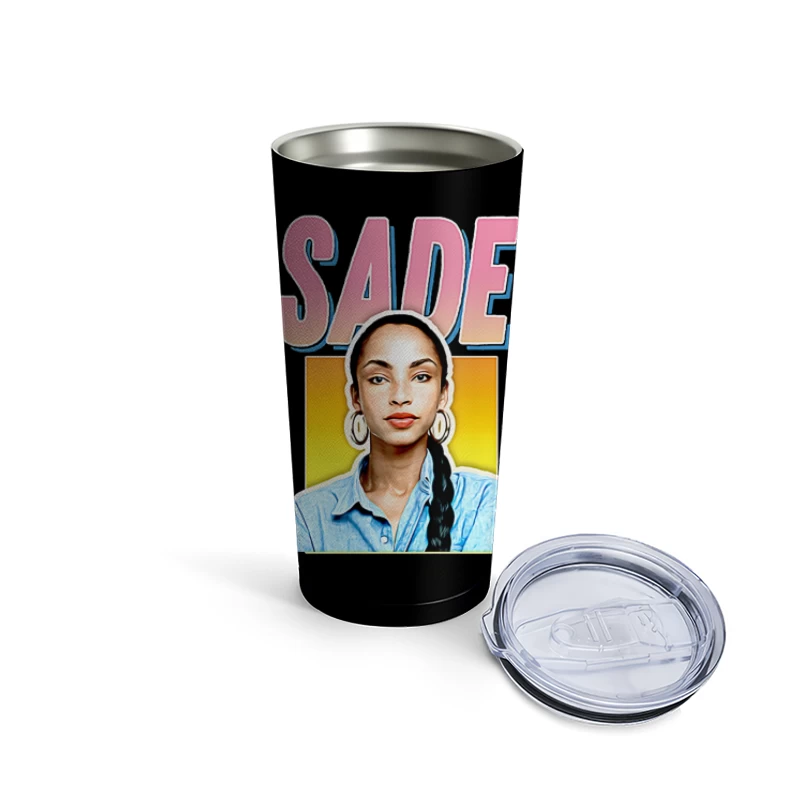 Stylized Pop Art Portrait with Pink "SADE" Text Travel Mug