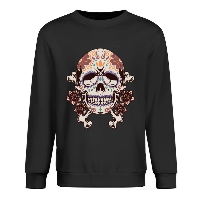 Decorative Skull with Crossbones and Floral Elements Male Pullover Sweatshirt