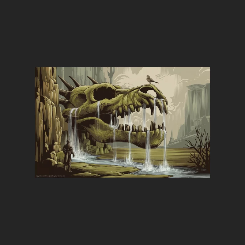 Surreal Dinosaur Skull Waterfall in Fantasy Ruins Female Pullover Sweatshirt