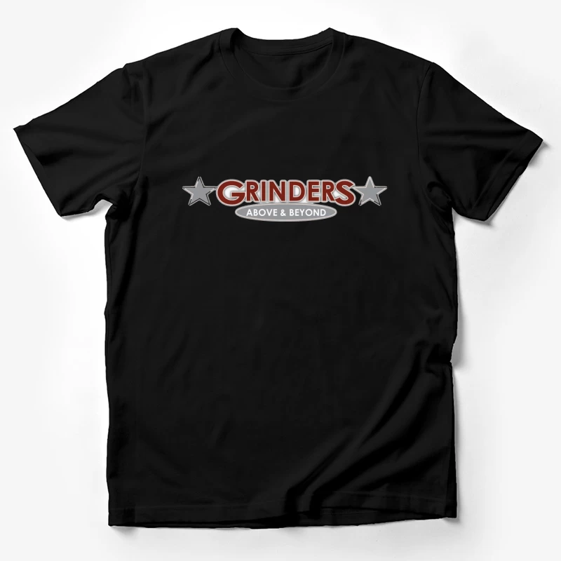 Grinders Restaurant Logo with Metallic Stars and Red Text Male T-Shirt