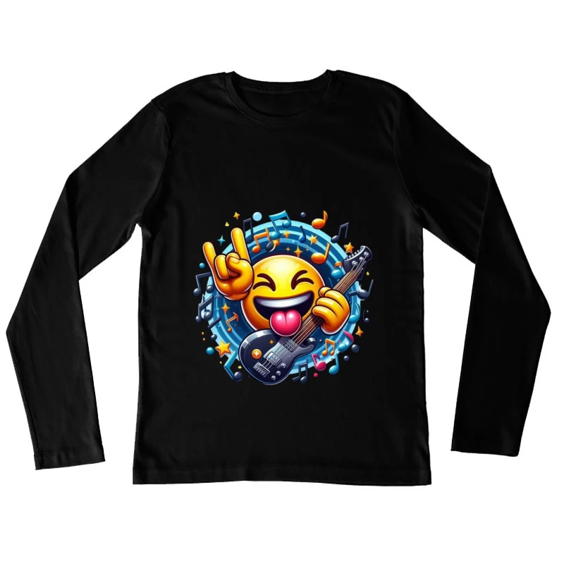 Rocking Smiley Emoji with Guitar and Music Notes Female Long Sleeve T-Shirt