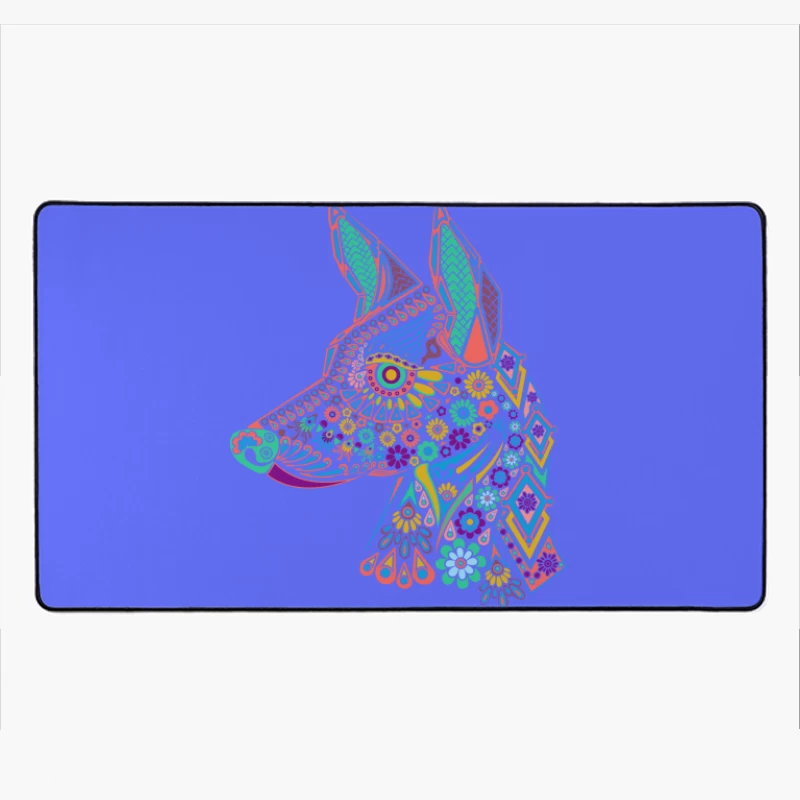 Colorful Floral Dog Illustration Desk Mat