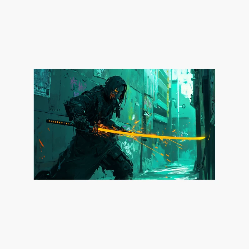 Cyberpunk Samurai Wielding Glowing Sword in Neon Alleyway Cotton Tote Bag