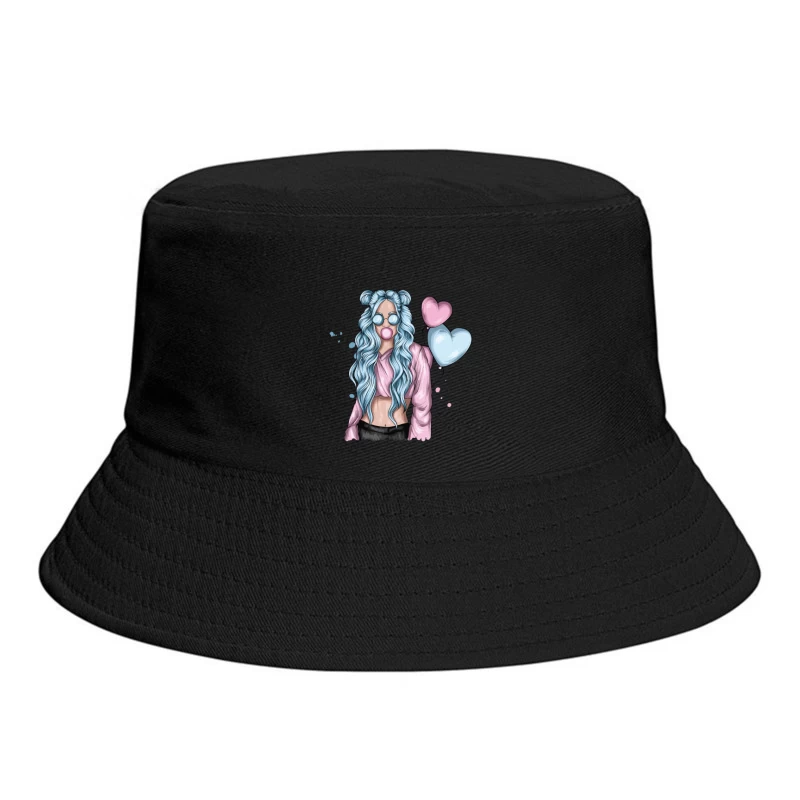 Girl with Blue Hair and Hearts Bucket Hat