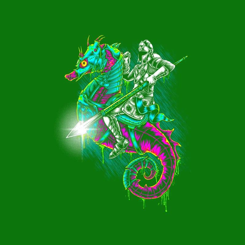 Knight Riding a Colorful Seahorse Tapestry