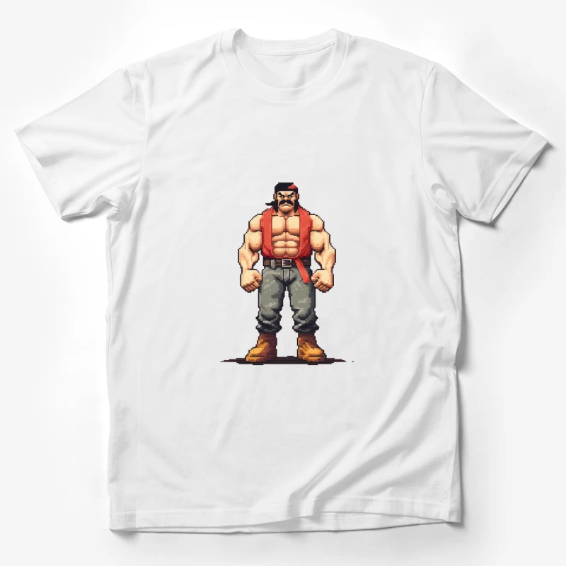 Retro Pixel Art Muscular Fighter in Red Vest Male T-Shirt