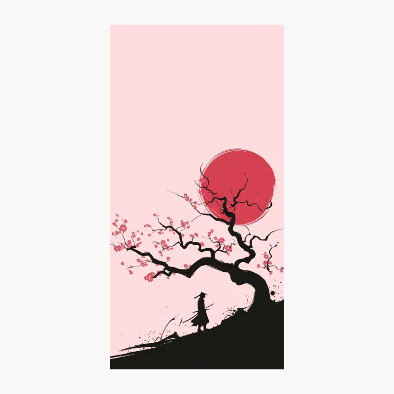 Samurai Under Cherry Blossom with Red Sun in Japanese Art Style iPhone Case