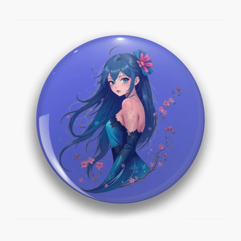 Elegant Anime Girl with Blue Hair and Floral Accents in Evening Dress Pin