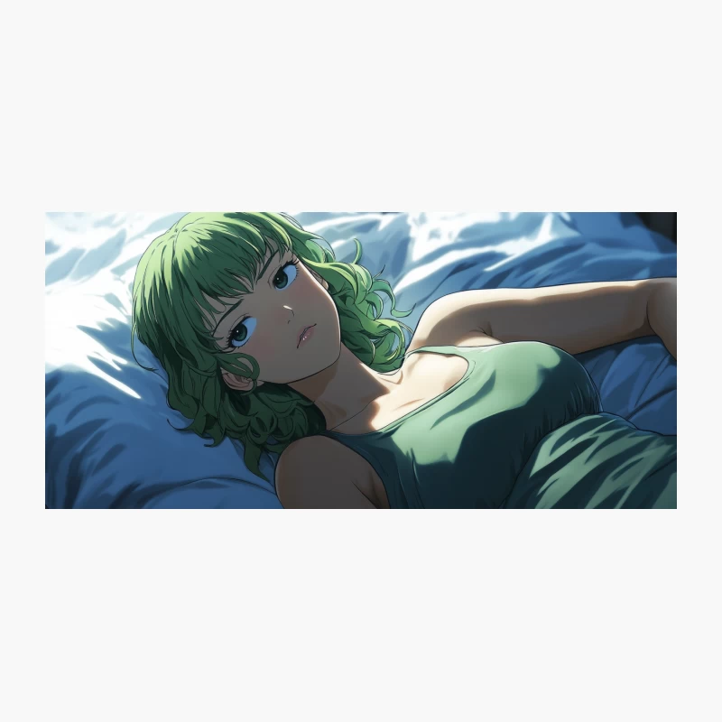Sleepy Anime Girl with Green Hair Resting in Sunlit Bedroom Coffee Mug