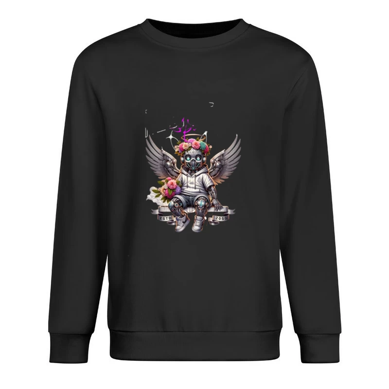 Angelic Steampunk Robot with Floral Crown and Wings Male Pullover Sweatshirt