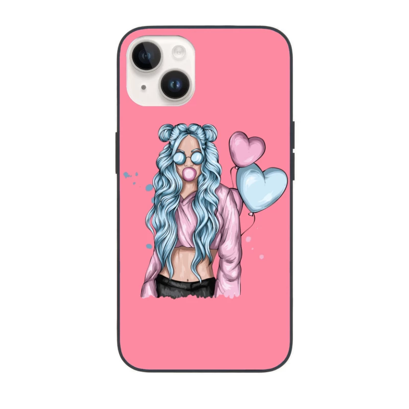Girl with Blue Hair and Hearts iPhone Case