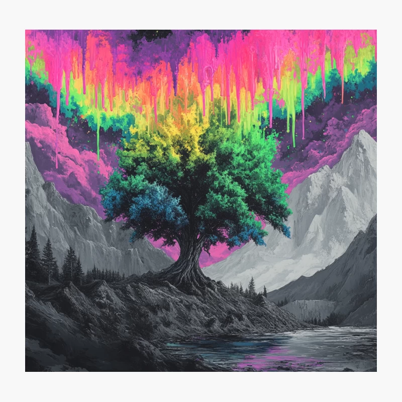 Ethereal Aurora Over Mystical Tree in Mountain Dreamscape Throw Pillow