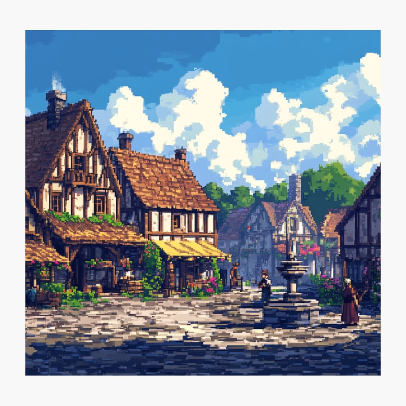 Picturesque Medieval Fantasy Village Scene in Pixel Art Style Throw Pillow