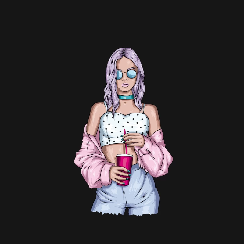 Trendy Young Woman with Drink Female T-Shirt