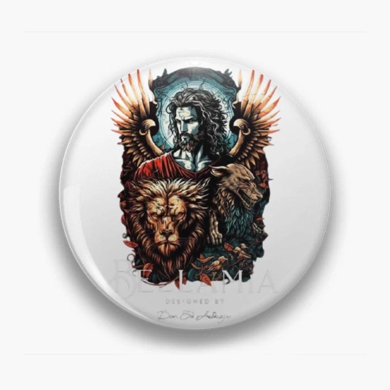 Mystical Religious Gothic Art with Lion and Angel Wings Pin